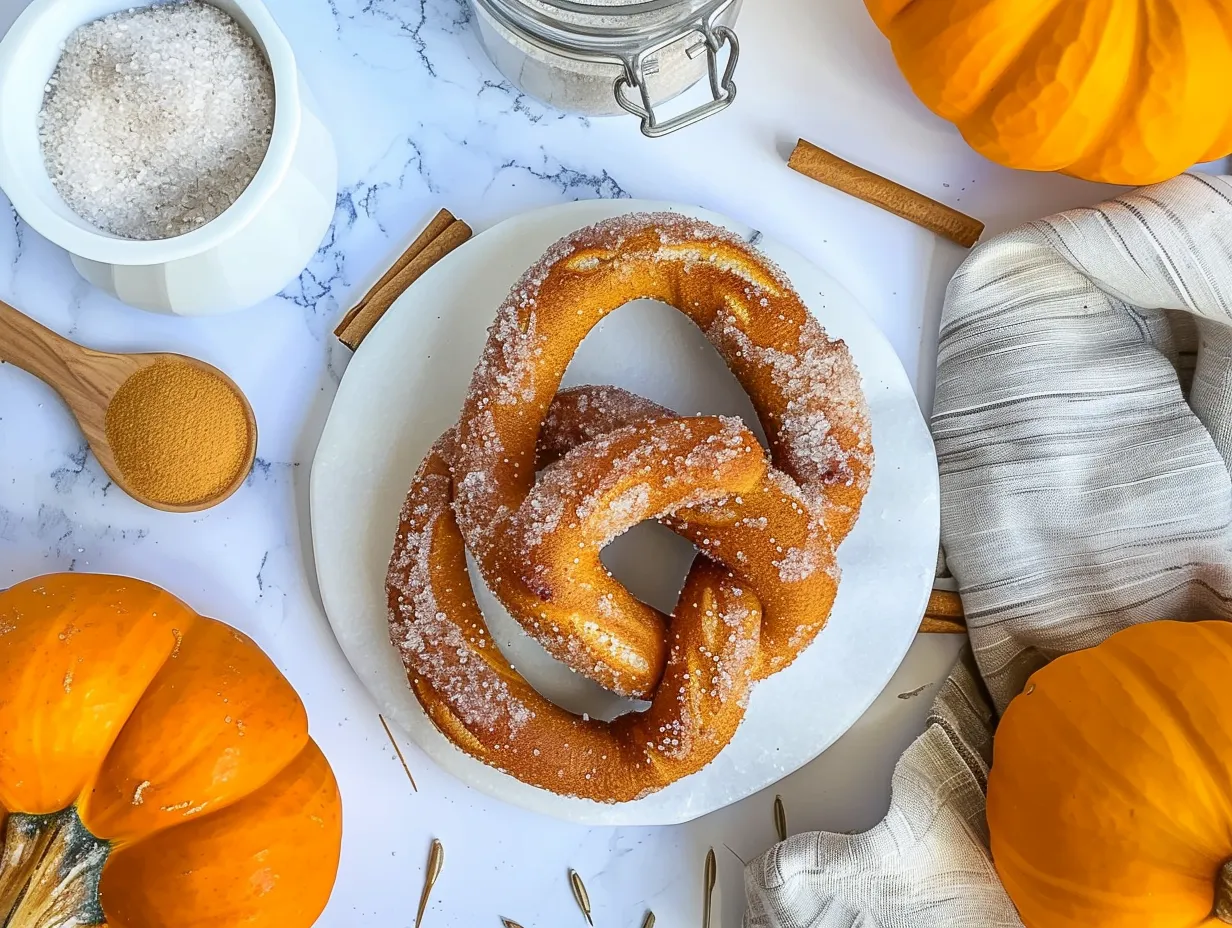 All the ingredients needed to make Pumpkin Cinnamon Sugar Soft Pretzels laid out on a countertop