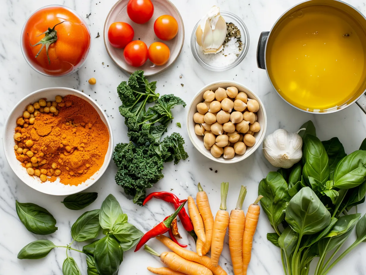 Ingredients for Tuscan Chickpea Soup: olive oil, onion, carrots, celery, garlic, rosemary, red pepper flakes, crushed tomatoes, vegetable broth, chickpeas, pasta, parsley, salt, pepper, and crusty bread