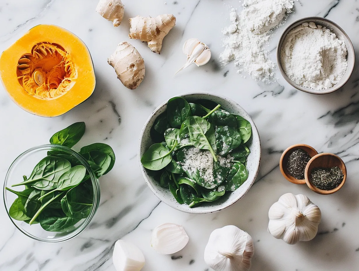 Ingredients needed to prepare vegetarian pumpkin spinach lasagna