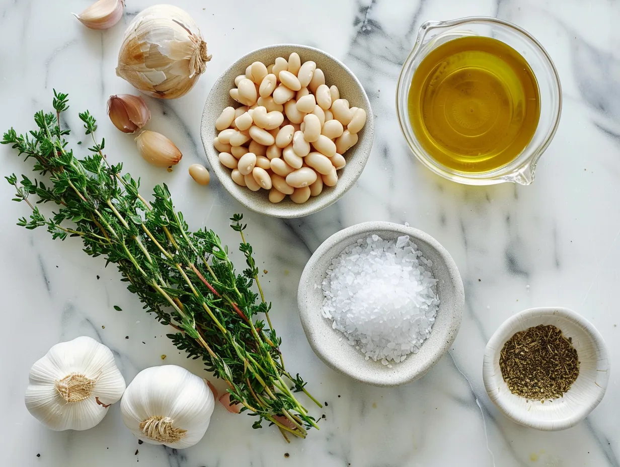 Ingredients for white bean soup: cannellini beans, chopped vegetables, herbs, and spices laid out on a counter.