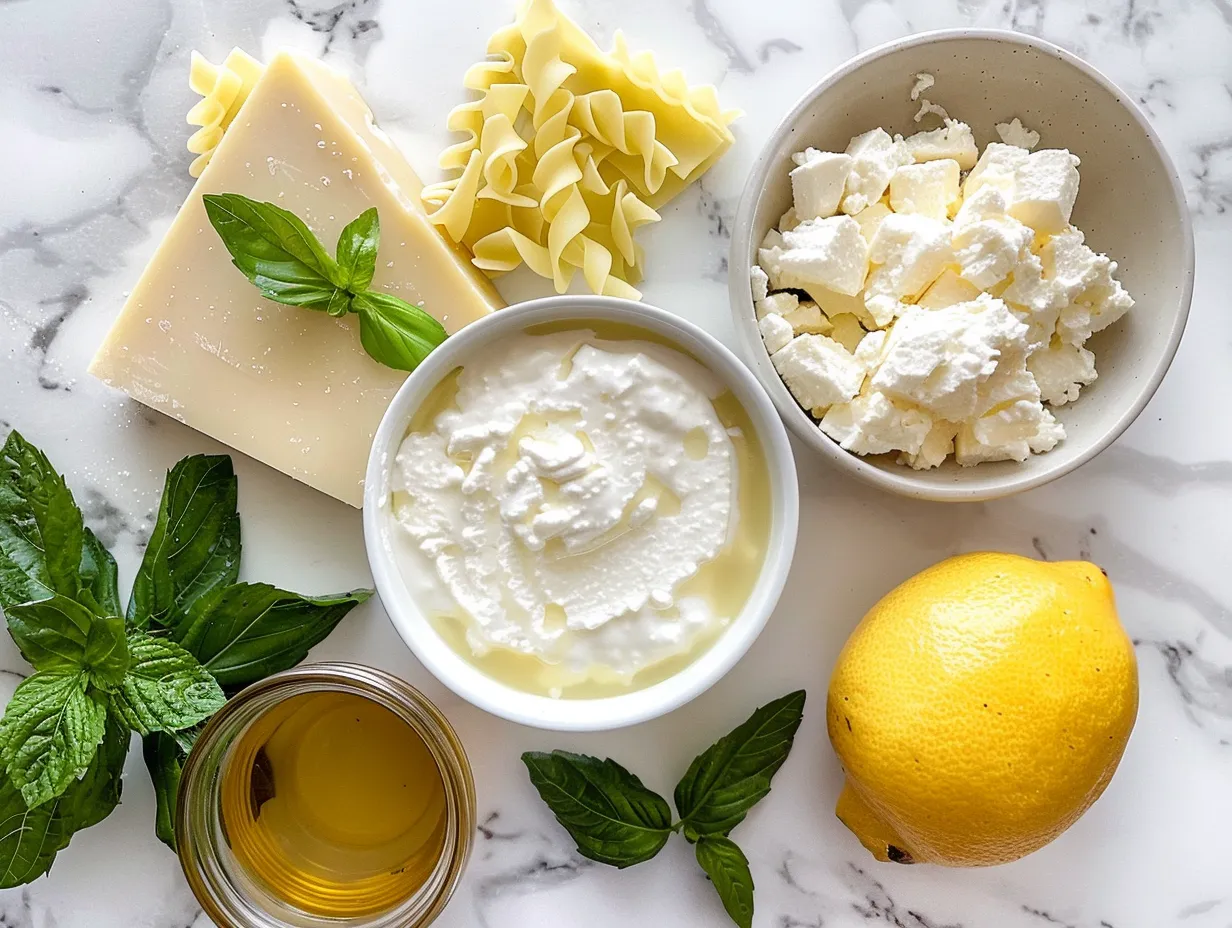 Ingredients for White Lasagna Soup Recipe laid out on a counter