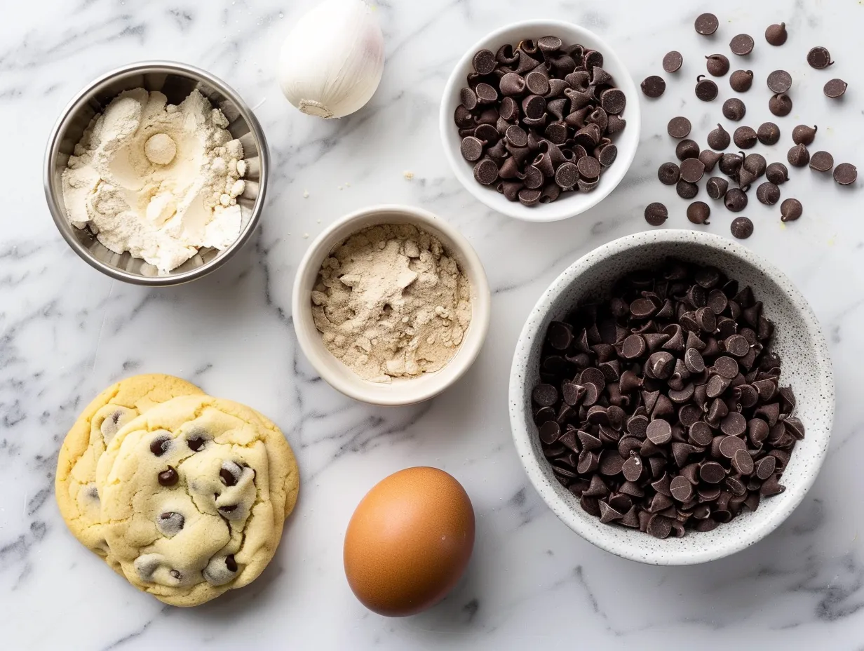 Ingredients for making zucchini chocolate chip cookies including flour, sugar, butter, eggs, and chocolate chips