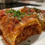Lentil Bolognese Stuffed Cabbage Rolls Plated