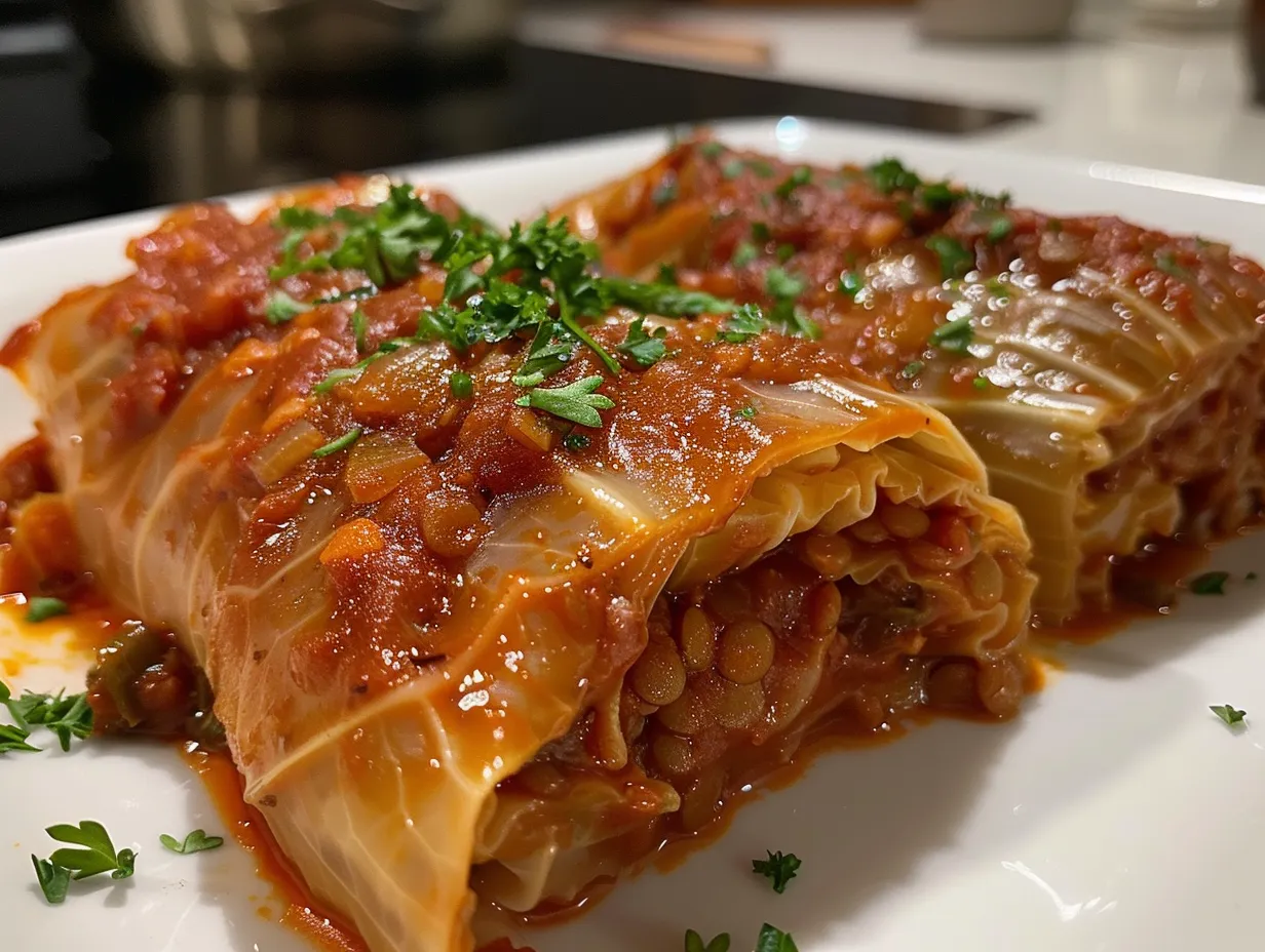 Plated lentil bolognese stuffed cabbage rolls