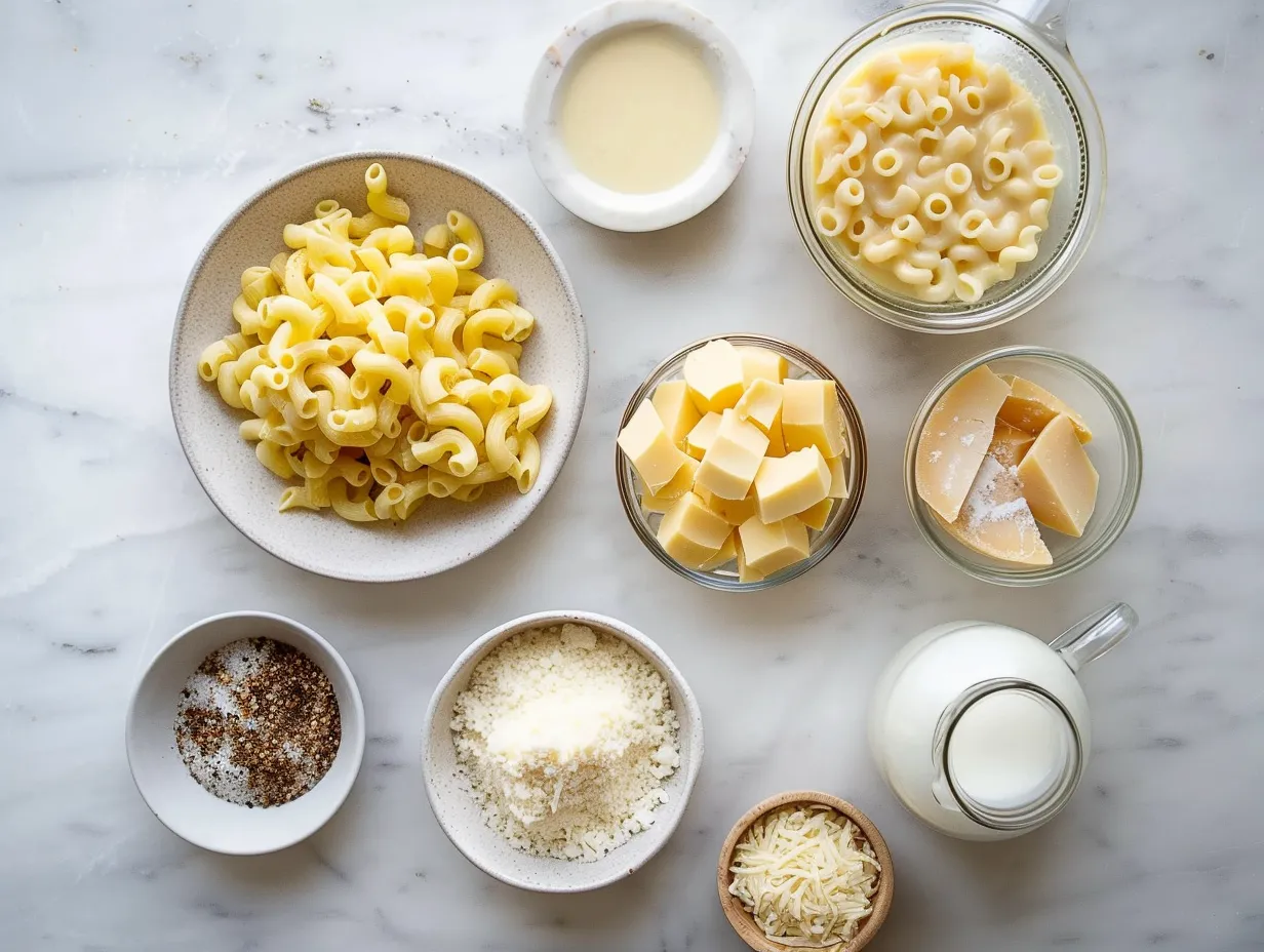 Mac and Cheese Soup ingredients including macaroni, butter, flour, milk, broth, cheddar cheese, Monterey Jack cheese, and spices.