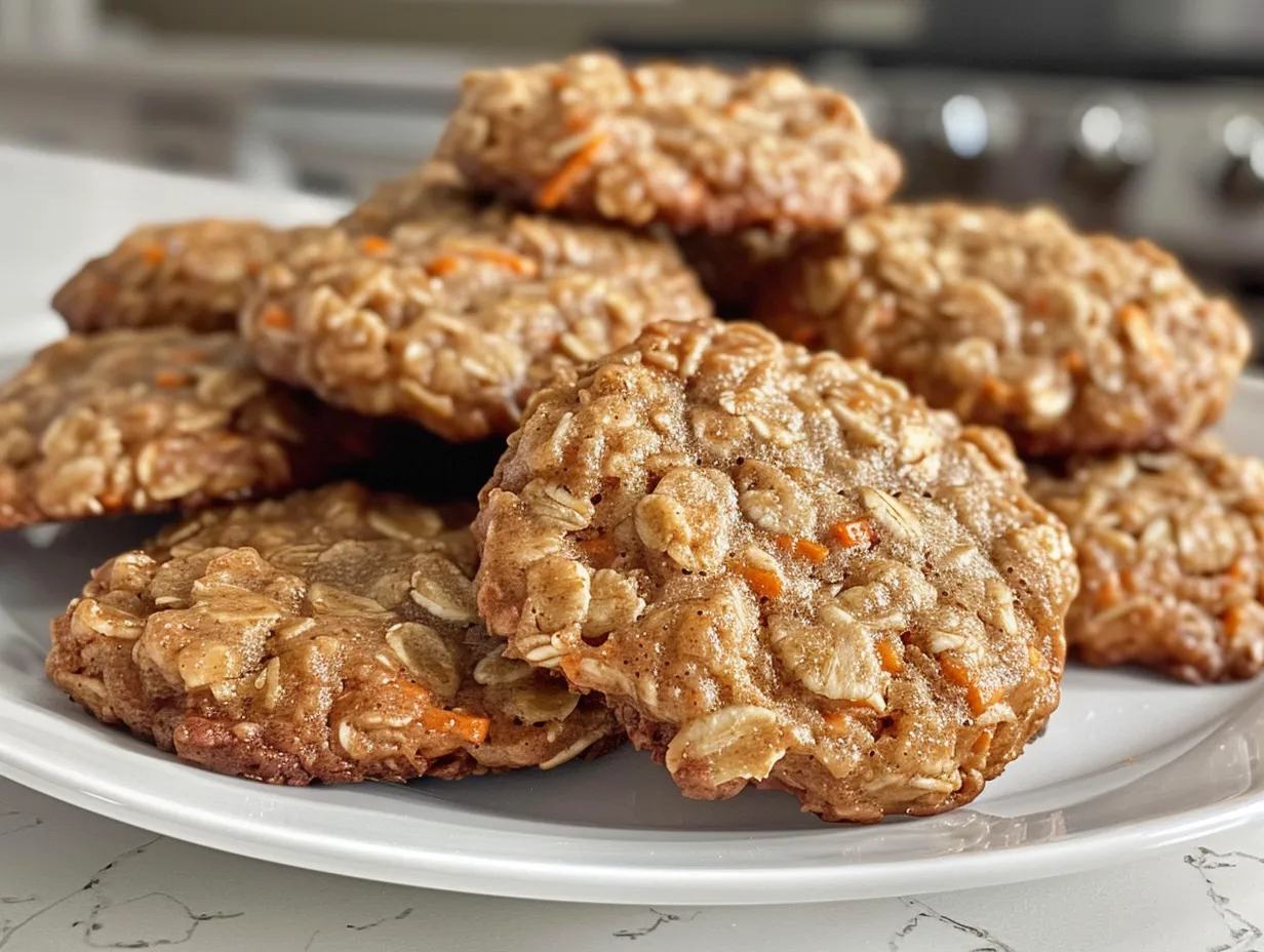 Overhead shot of carrot cake oatmeal cookies on a cooling rack