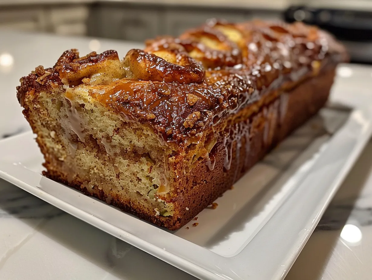 Overhead view of a sliced cinnamon roll zucchini bread loaf