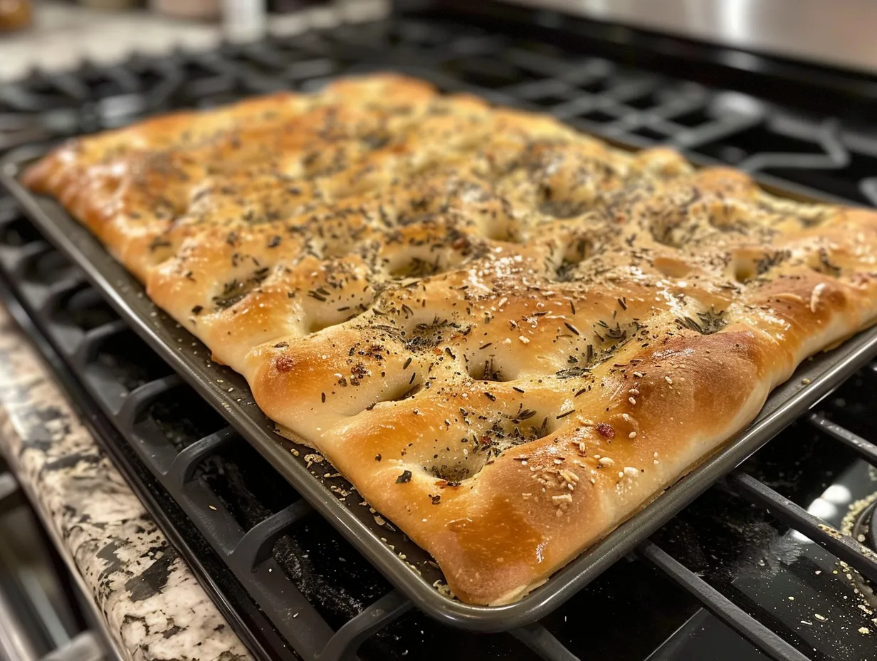 Perfectly baked overnight no knead focaccia bread with golden-brown crust