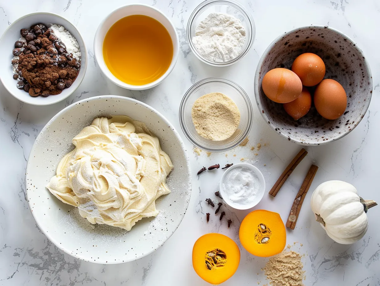 Raw ingredients for making a Pumpkin Cannoli Cake Roll, including flour, spices, pumpkin puree, eggs, sugar, and ricotta cheese.