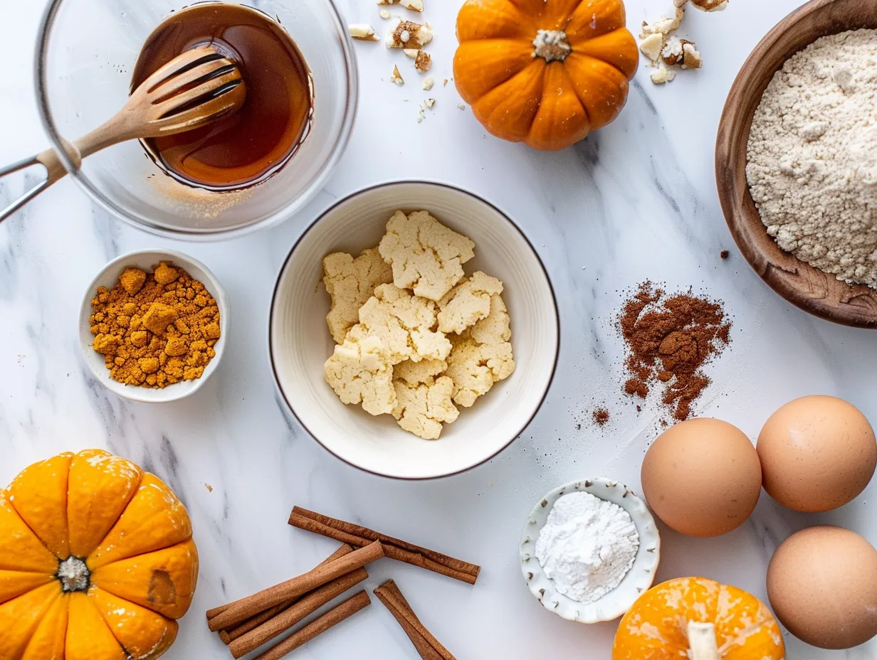 Ingredients for making pumpkin sugar cookies including flour, spices, pumpkin puree, and butter