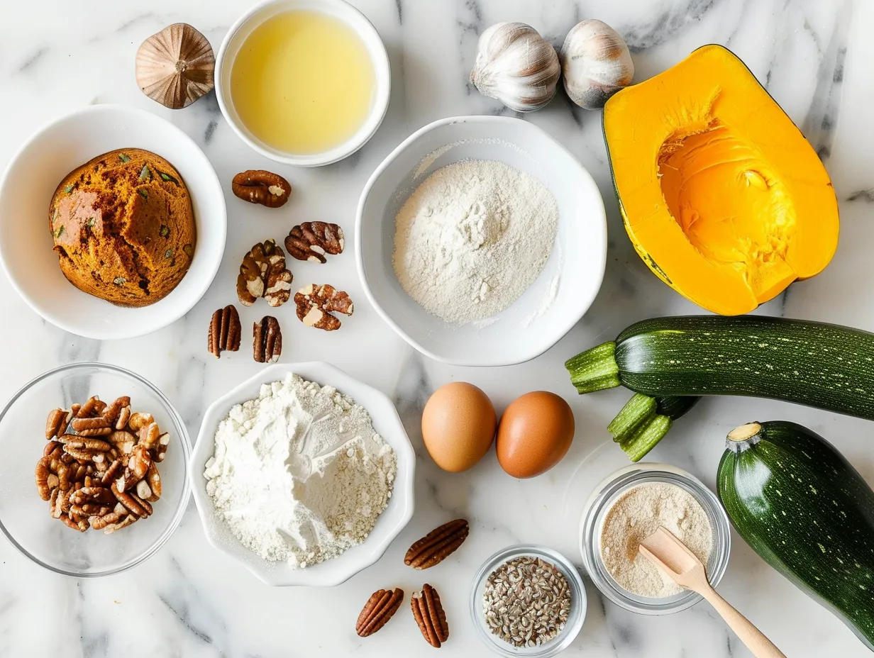 Ingredients for pumpkin zucchini bread including flour, spices, eggs, sugar, oil, pumpkin puree, zucchini, and vanilla extract.