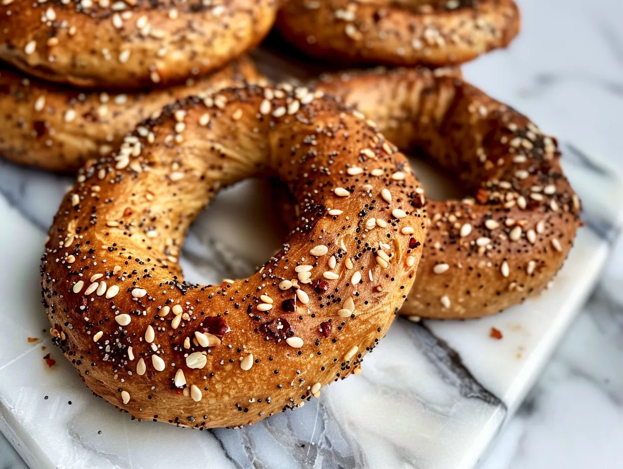 Raw ingredients for making chewy protein bagels, including flour, gluten, protein powder, and seasonings.