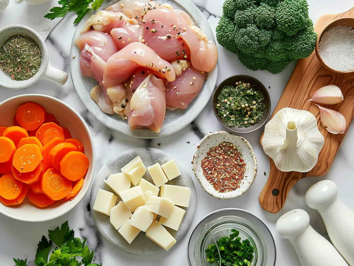 Ingredients for Chicken Cordon Bleu Soup, including chicken, ham, cheese, and vegetables