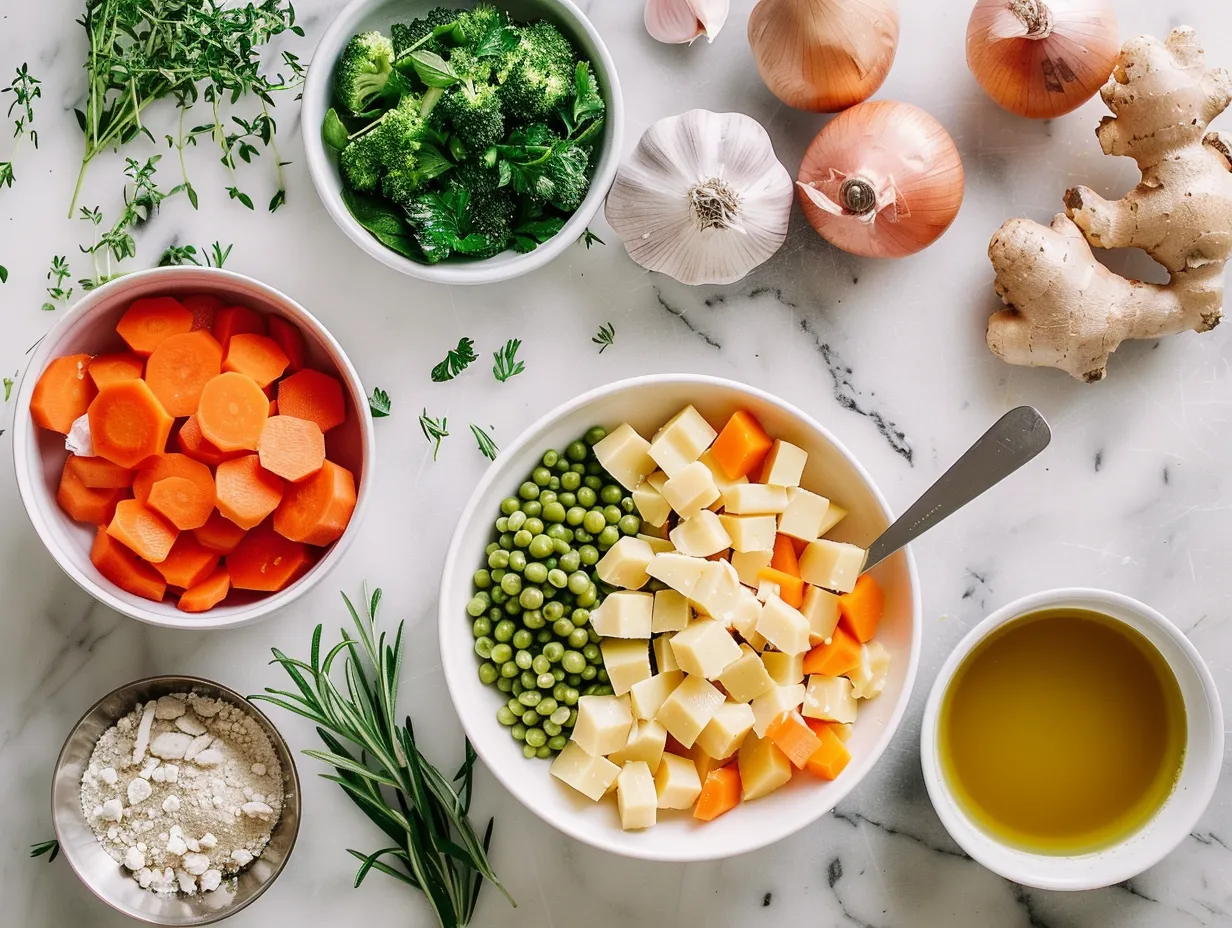 Raw ingredients for making delicious Chicken Pot Pie Soup including vegetables, chicken, broth, and spices