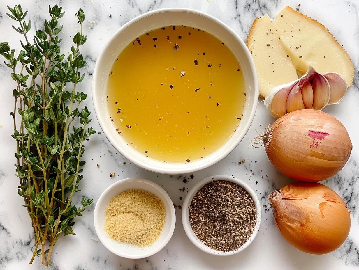 Raw ingredients for creamy reuben soup, including corned beef, sauerkraut, swiss cheese, and spices