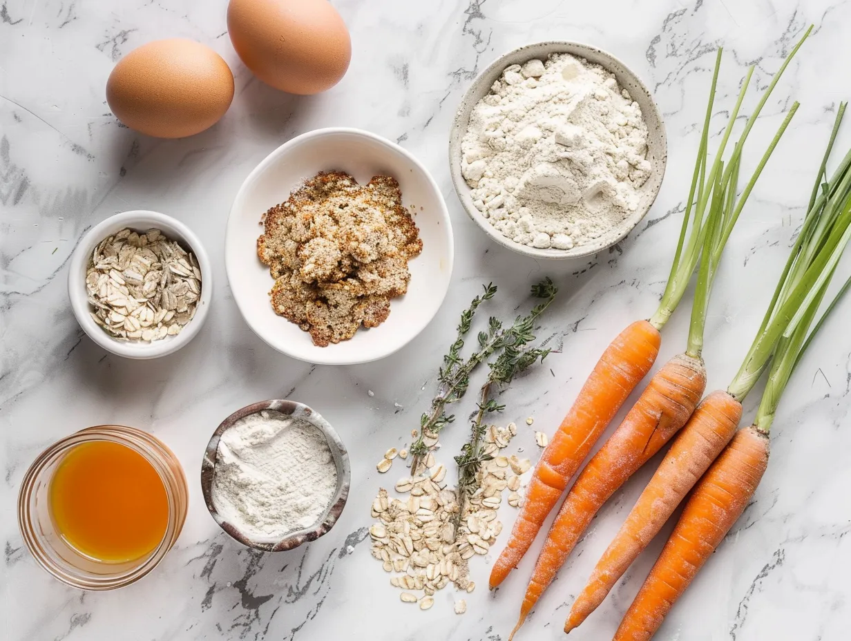 Raw ingredients for flourless oatmeal carrot cake including oats, carrots, spices, and eggs.