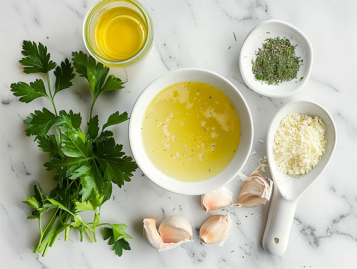 A selection of raw ingredients including potatoes, cheese, garlic, and herbs for Garlic Cheddar Potato Soup.