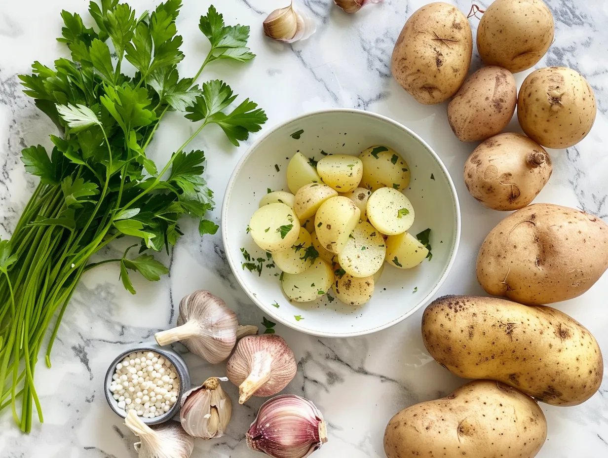 Raw ingredients for German Potato Soup including bacon, potatoes, herbs, and spices.