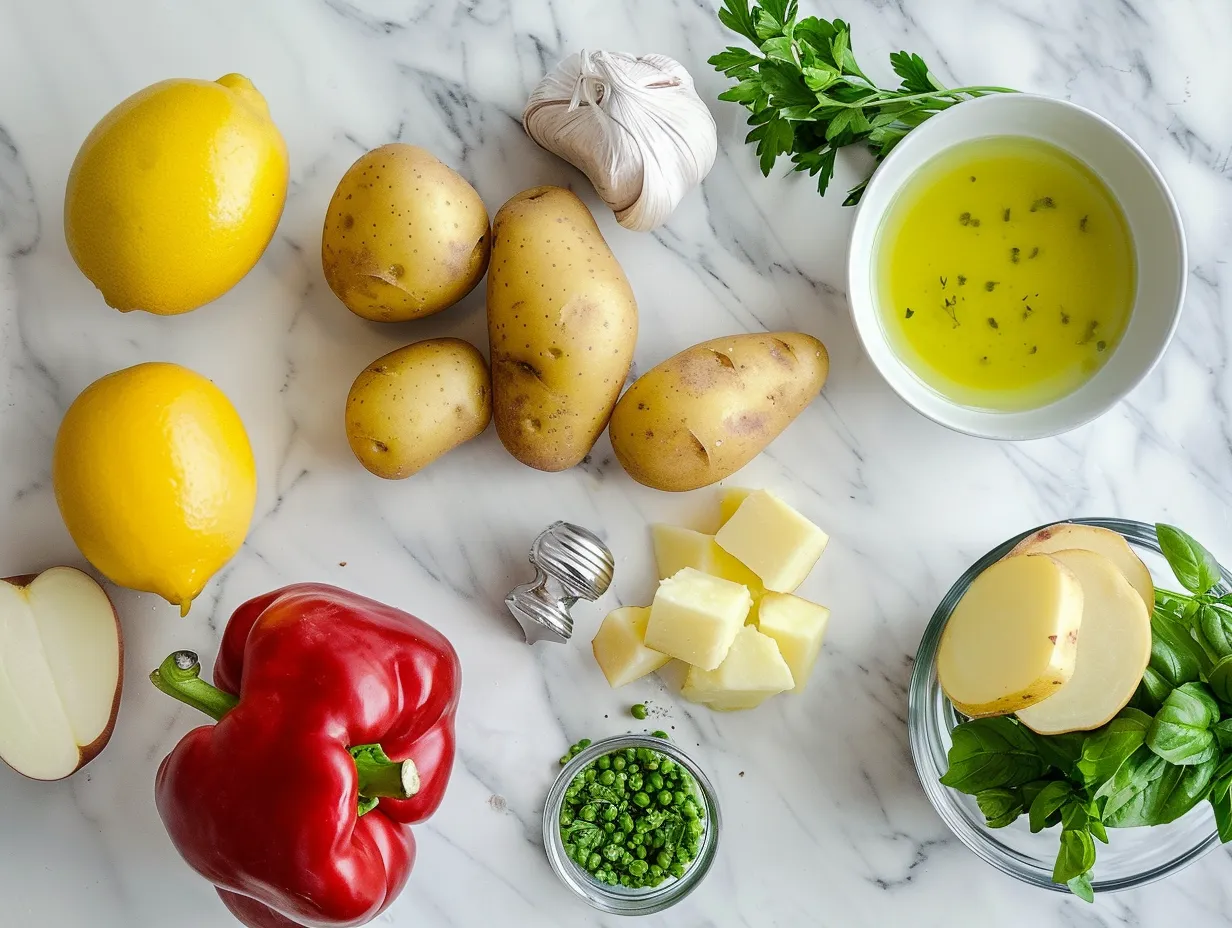 Ingredients for making delicious Greek peas stew with potatoes