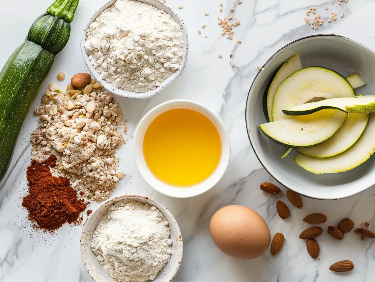 Raw ingredients including zucchini, flour, Greek yogurt, spices and nuts for making Greek yogurt zucchini bread on a white marble surface
