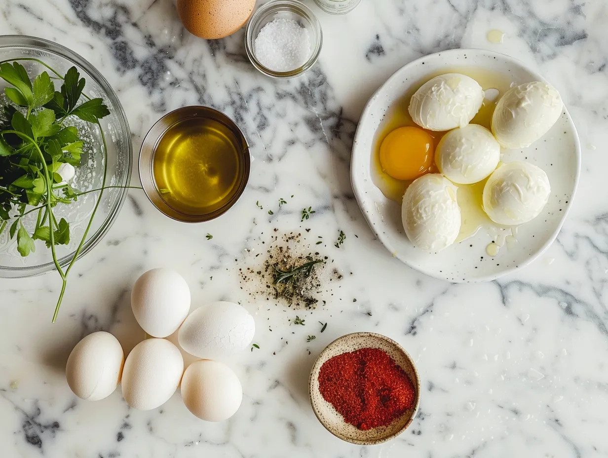 Ingredients for making hot honey mozzarella eggs, including eggs, mozzarella, hot honey, and basil.