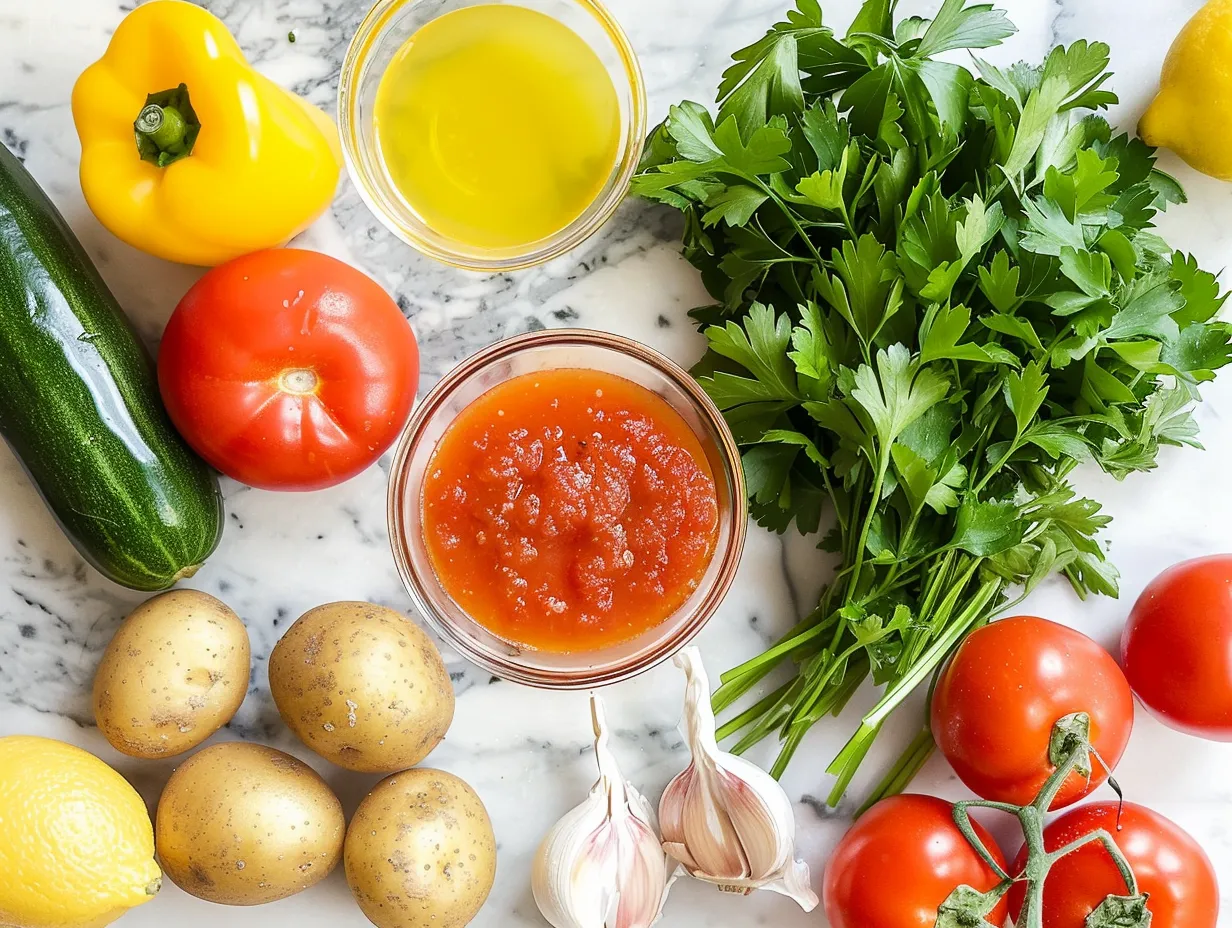 Fresh ingredients for making Italian Sausage and Potato Soup, including Italian sausage, Yukon gold potatoes, garlic, and fresh herbs