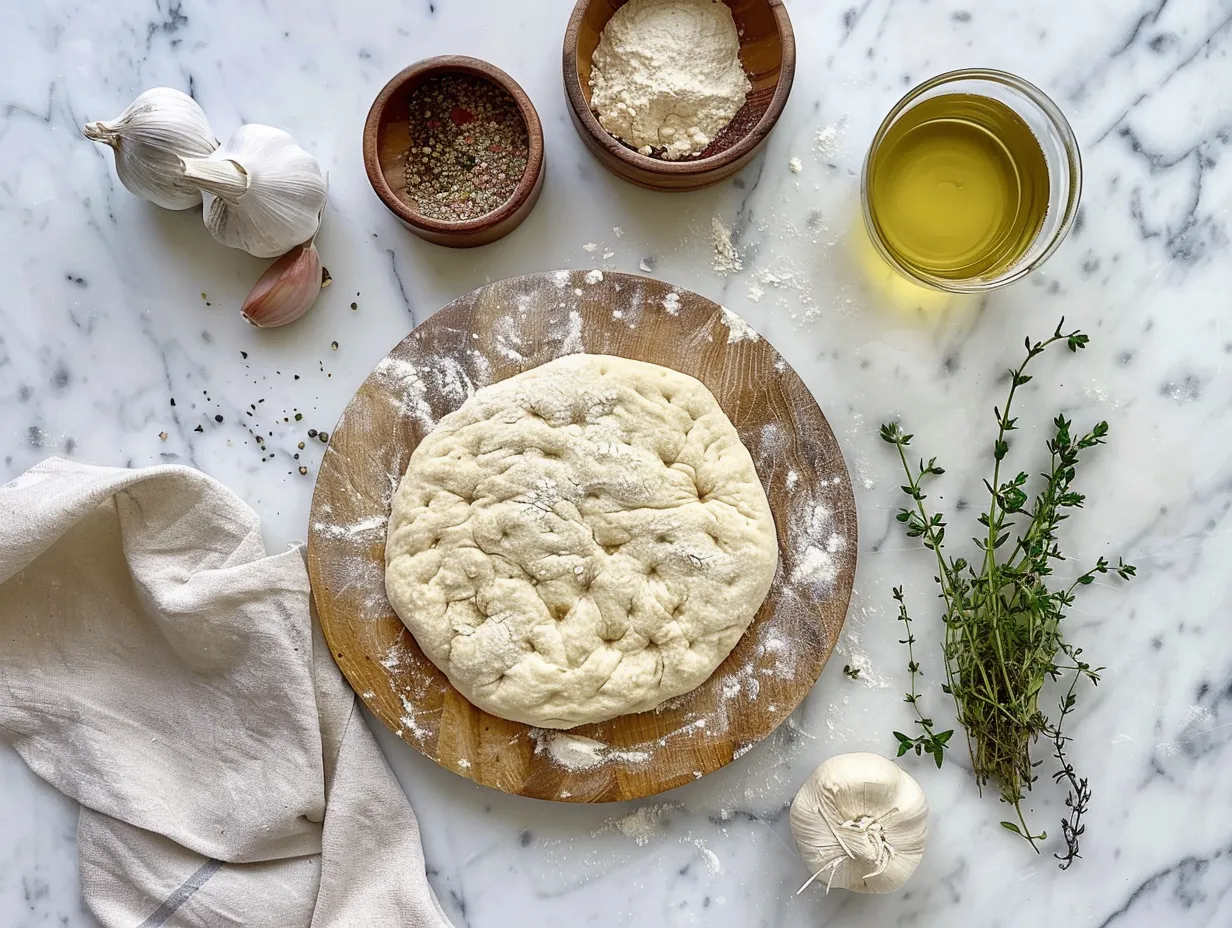 Raw ingredients for overnight no knead focaccia including flour, yeast, salt, water, and olive oil