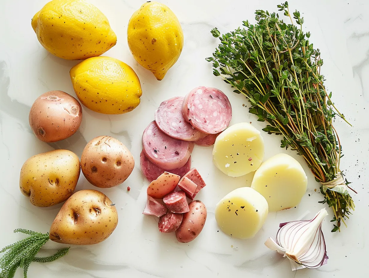 Ingredients for making potato and sausage chowder laid out on a wooden surface