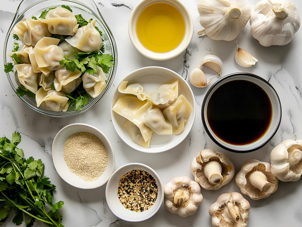 Raw ingredients for making potsticker soup including sesame oil, onions, garlic, ginger, chicken broth, soy sauce, rice vinegar, sriracha, water chestnuts, and green onions.