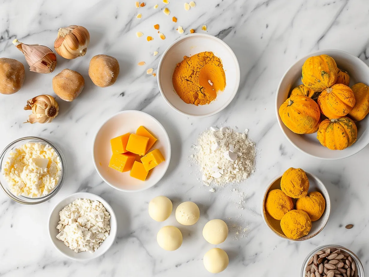 Raw ingredients for making pumpkin cheesecake truffles, including cream cheese, pumpkin puree, spices, and chocolate chips, arranged on a marble surface.