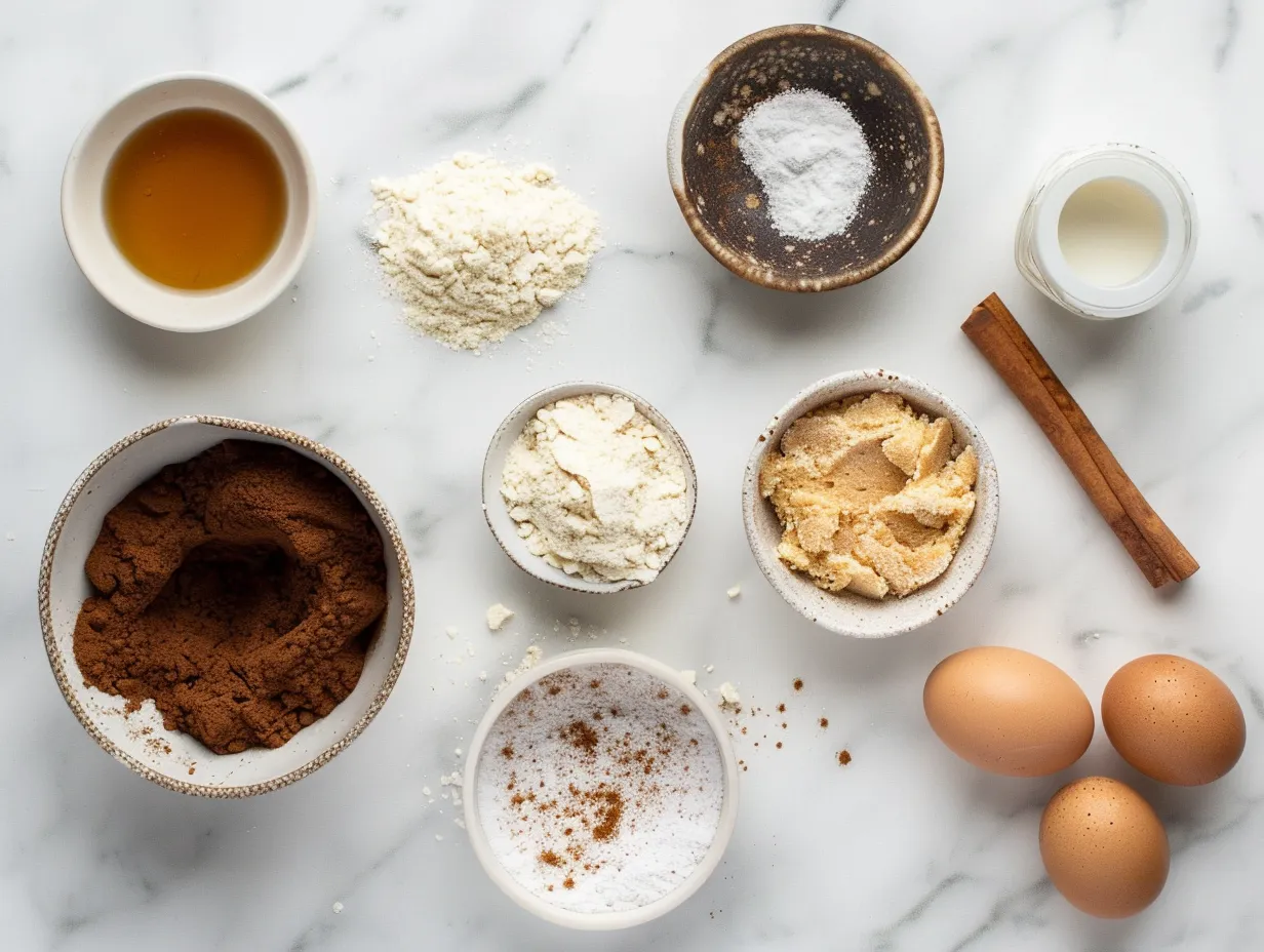 Raw ingredients including flour, sugar, spices, pumpkin puree, milk, and eggs, laid out for making pumpkin cinnamon sugar donuts.