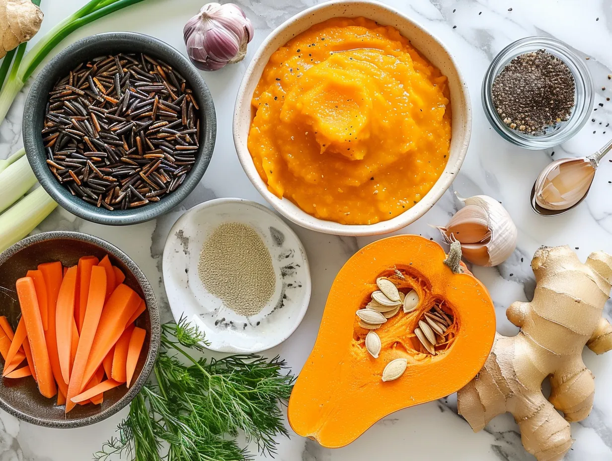 Raw ingredients for preparing a delicious homemade Pumpkin Wild Rice Soup