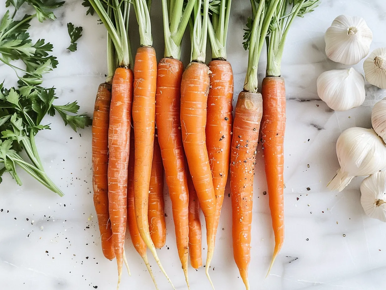 Raw ingredients for making roasted carrots, including carrots, garlic, and spices, arranged on a white marble surface
