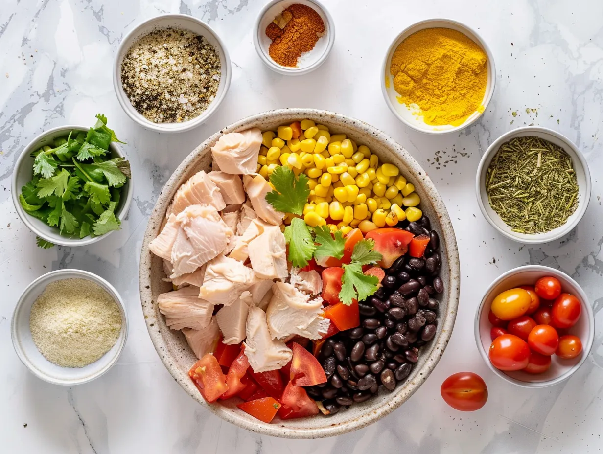 Raw ingredients for Southwest Chicken Soup on a white marble surface, including chicken, vegetables, and spices.