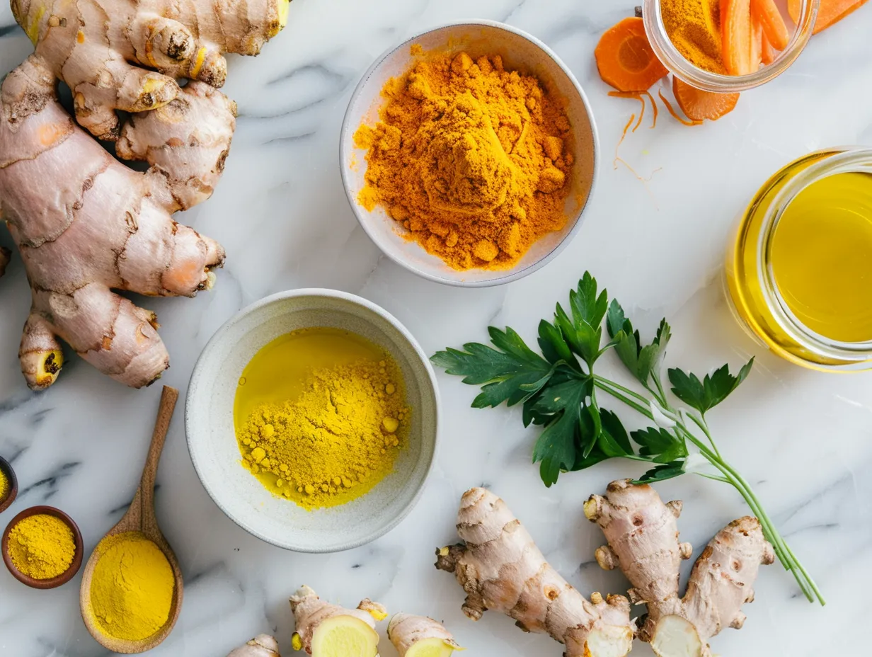 Ingredients for making turmeric chicken soup including chicken, vegetables, broth and spices.