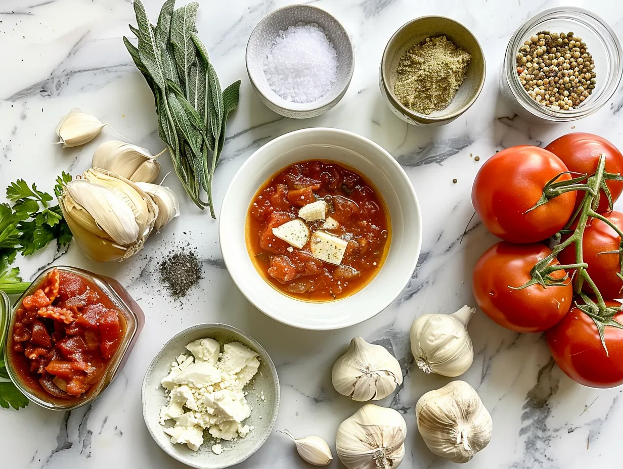 A spread of raw ingredients for vegetarian lasagna soup, including vegetables, herbs, and pasta.