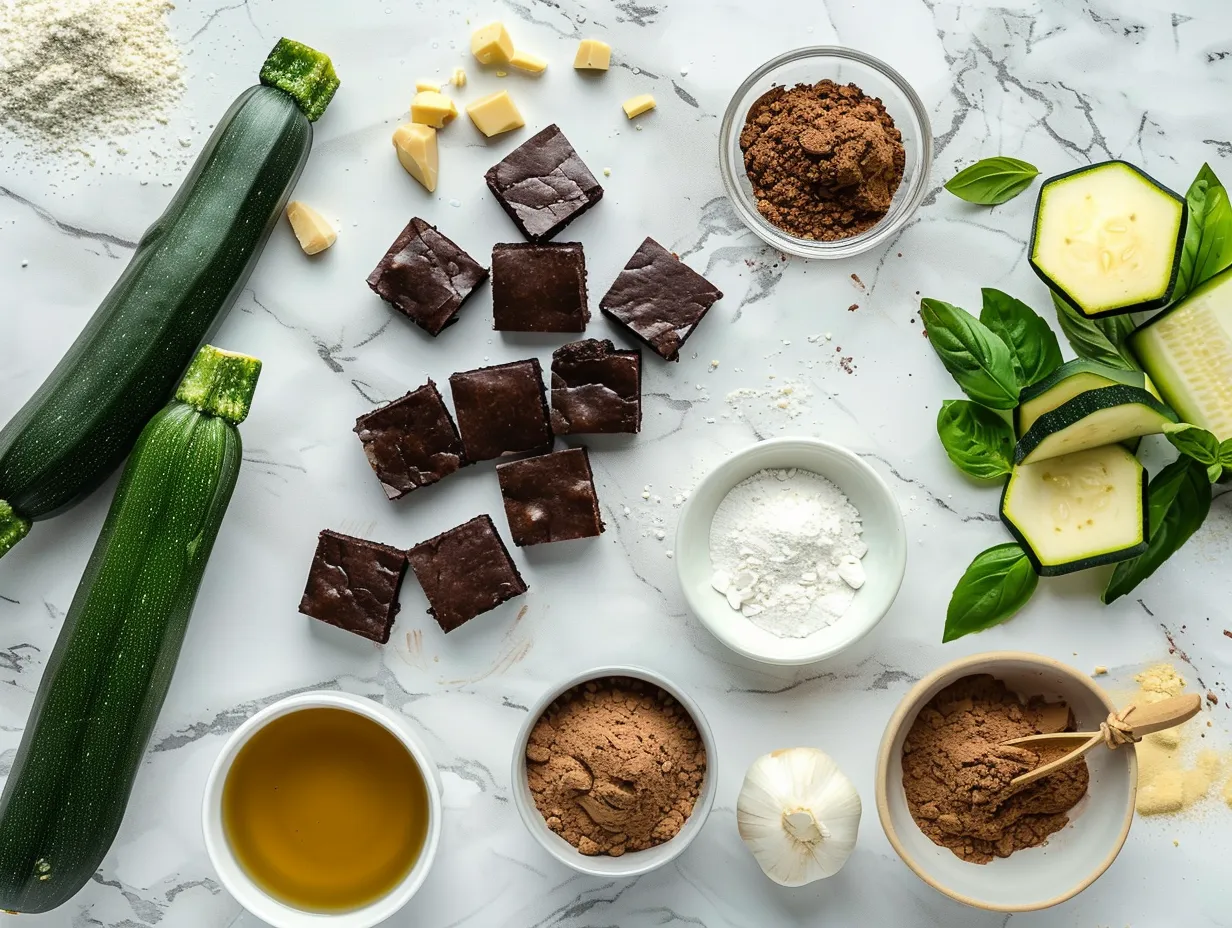 A variety of raw ingredients including flour, cocoa, zucchini, and chocolate chips, laid out for making zucchini brownies.