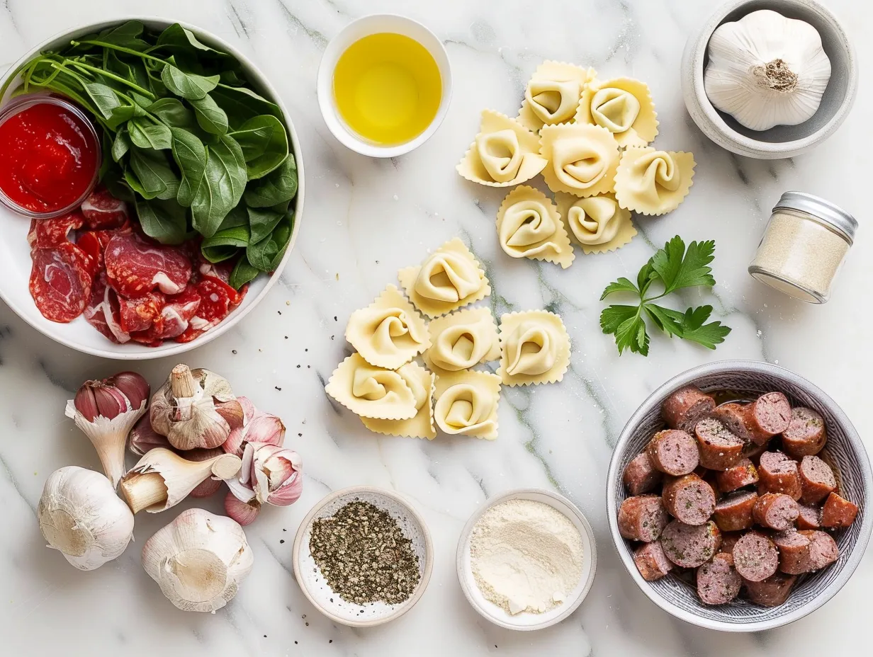 Sausage and Tortellini Soup ingredients including sausage, tortellini, spinach, and other vegetables