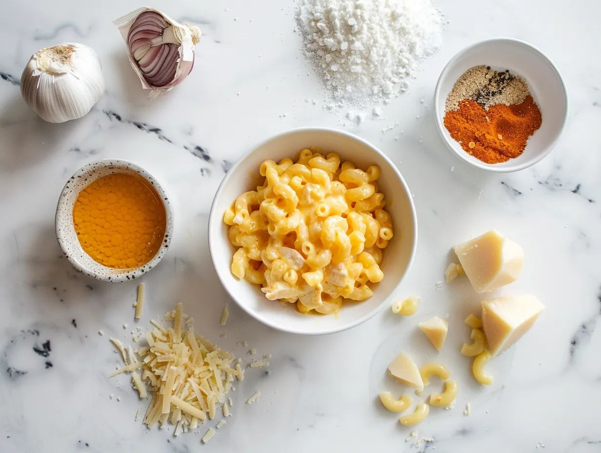 Ingredients for Spicy Buffalo Chicken Mac and Cheese: elbow macaroni, butter, flour, milk, cheddar cheese, Monterey Jack cheese, buffalo wing sauce, garlic powder, onion powder, cayenne pepper, cooked chicken, blue cheese, and green onions.