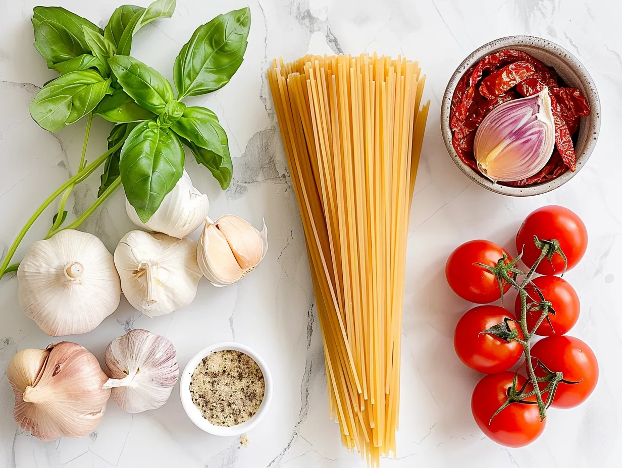 Ingredients for sun dried tomato chicken pasta including pasta, chicken, garlic, sun dried tomatoes, and spices