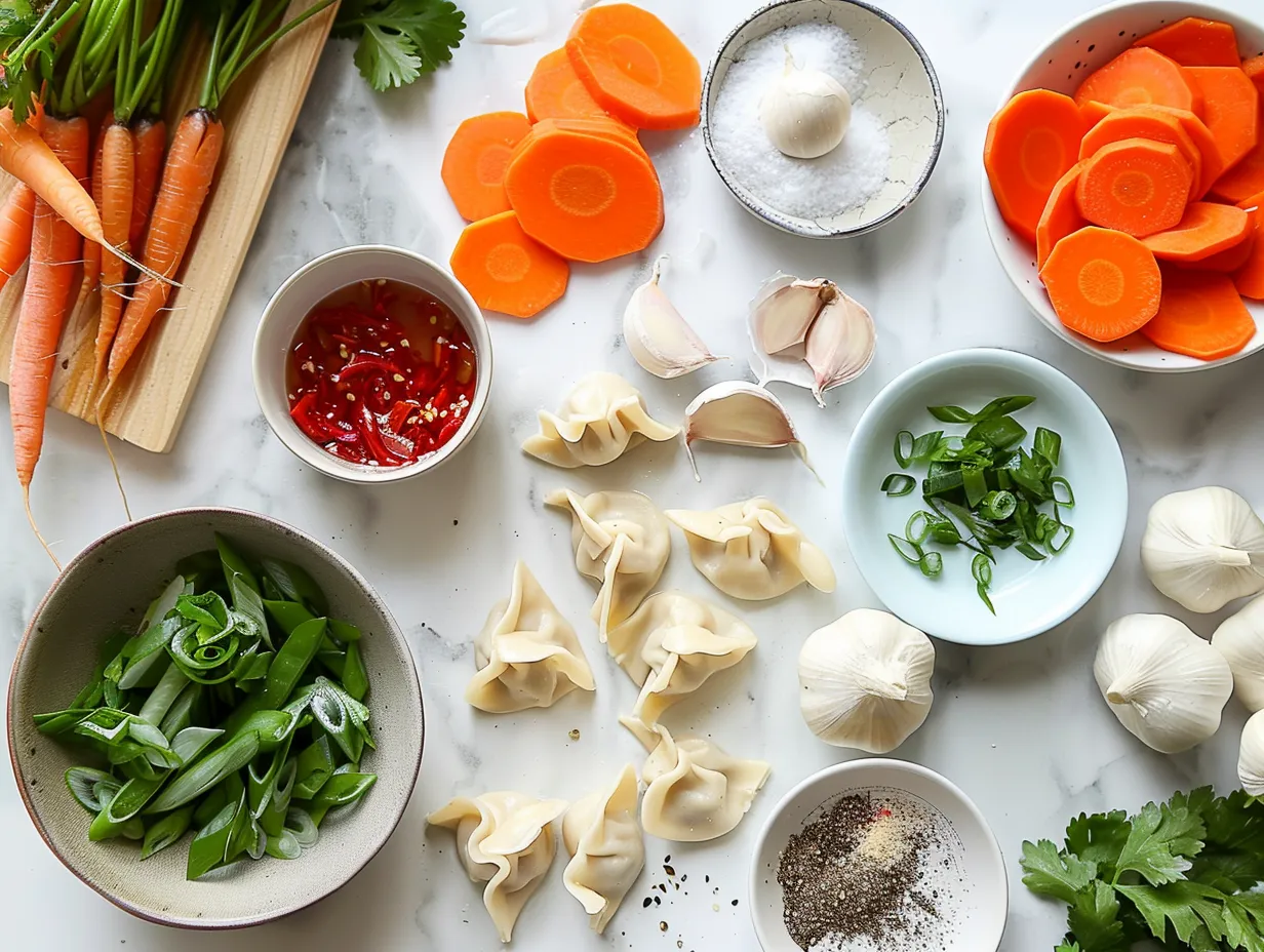 Ingredients for vegan dumpling stew, including vegetables, spices, and dumpling ingredients.