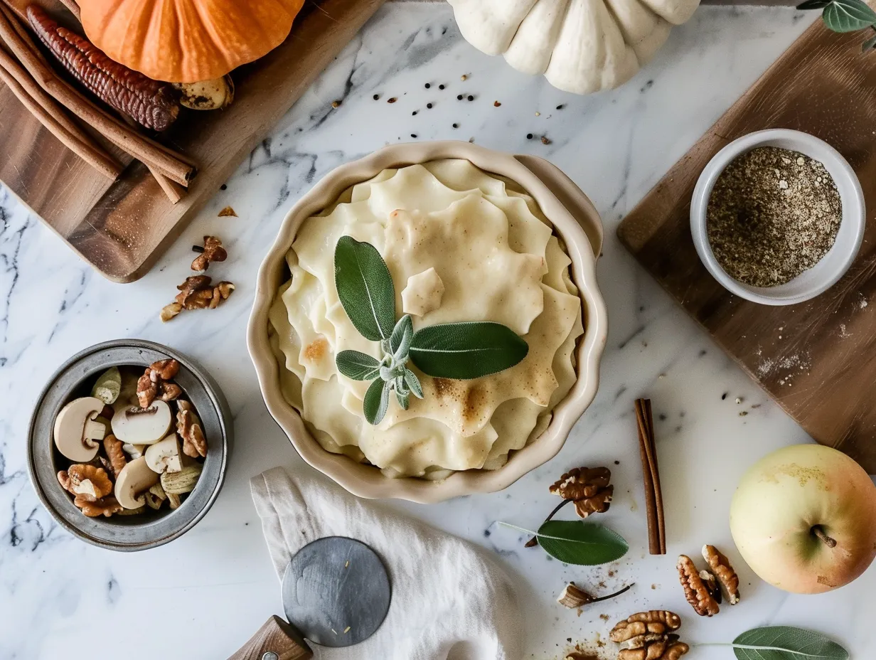 Ingredients for vegan Thanksgiving pot pie displayed on a table.
