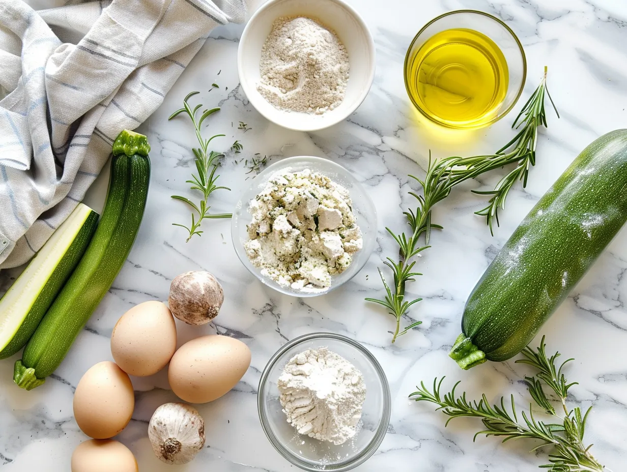 Ingredients for making zucchini muffins, including flour, sugar, spices, eggs, and shredded zucchini