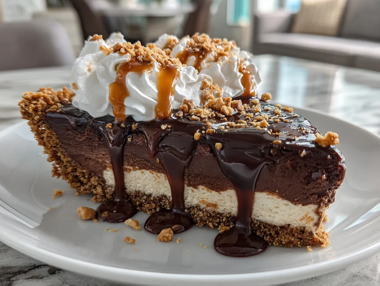 A perfectly sliced piece of no-bake chocolate peanut butter pie on a white plate.