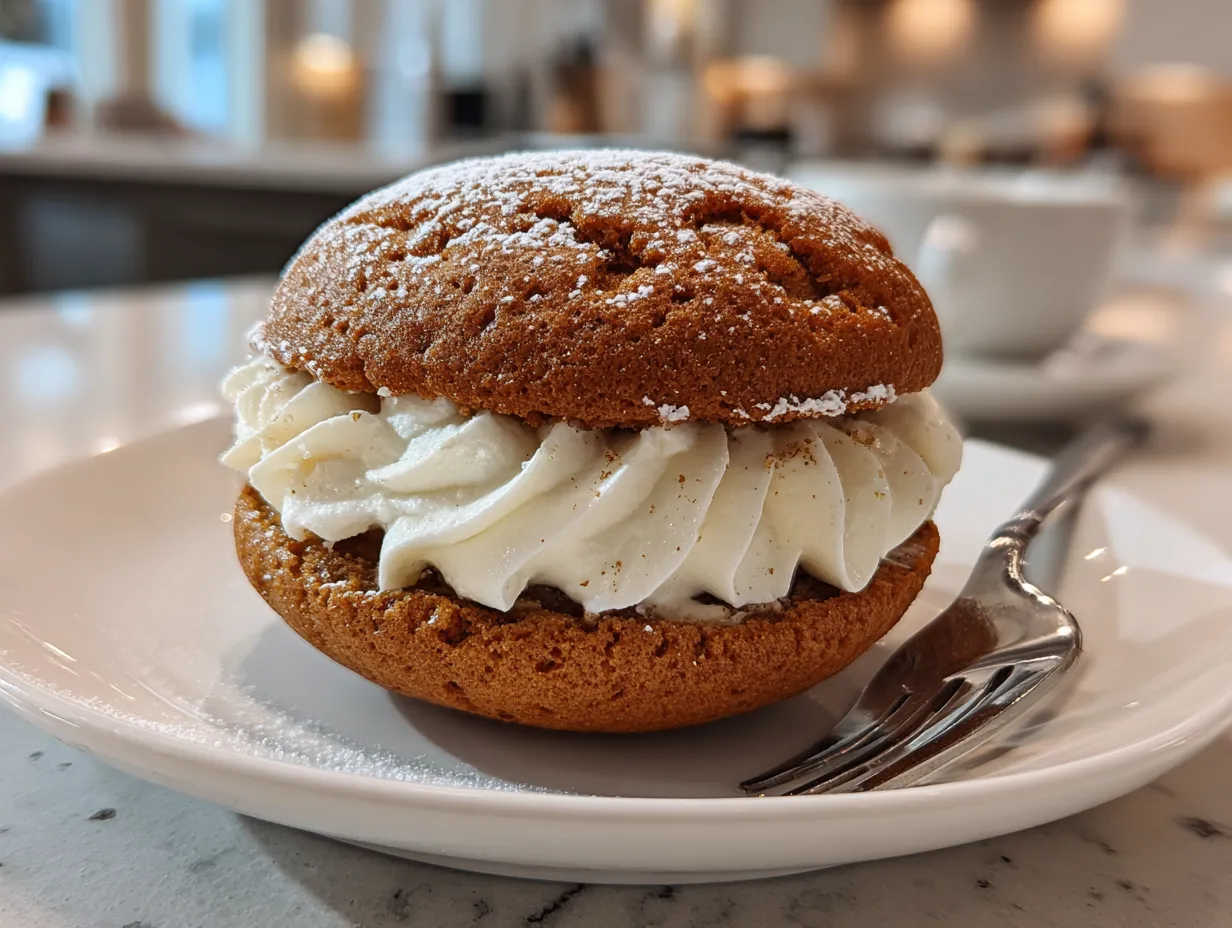 A stack of Apple Cider Whoopie Pies, dusted with powdered sugar