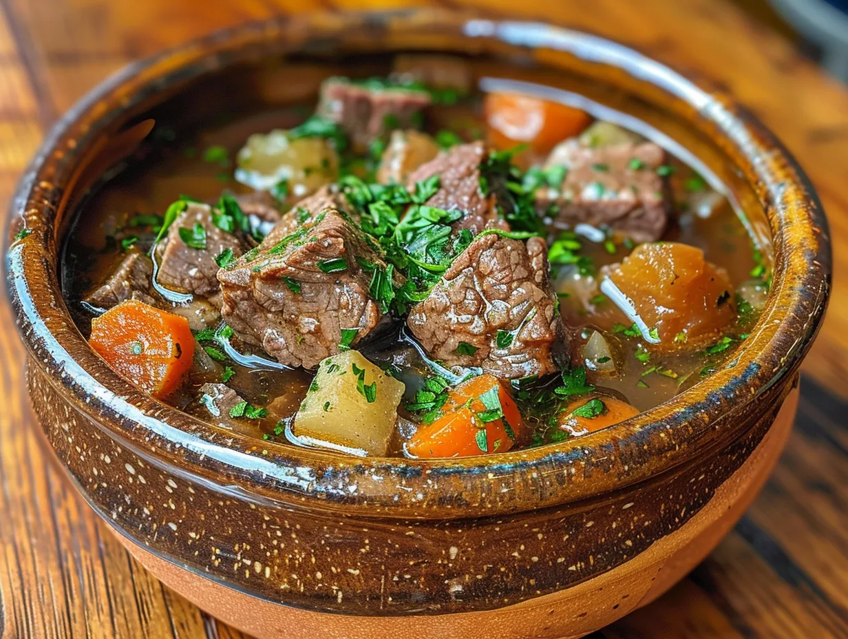 A steaming bowl of Guinness Beef Stew.