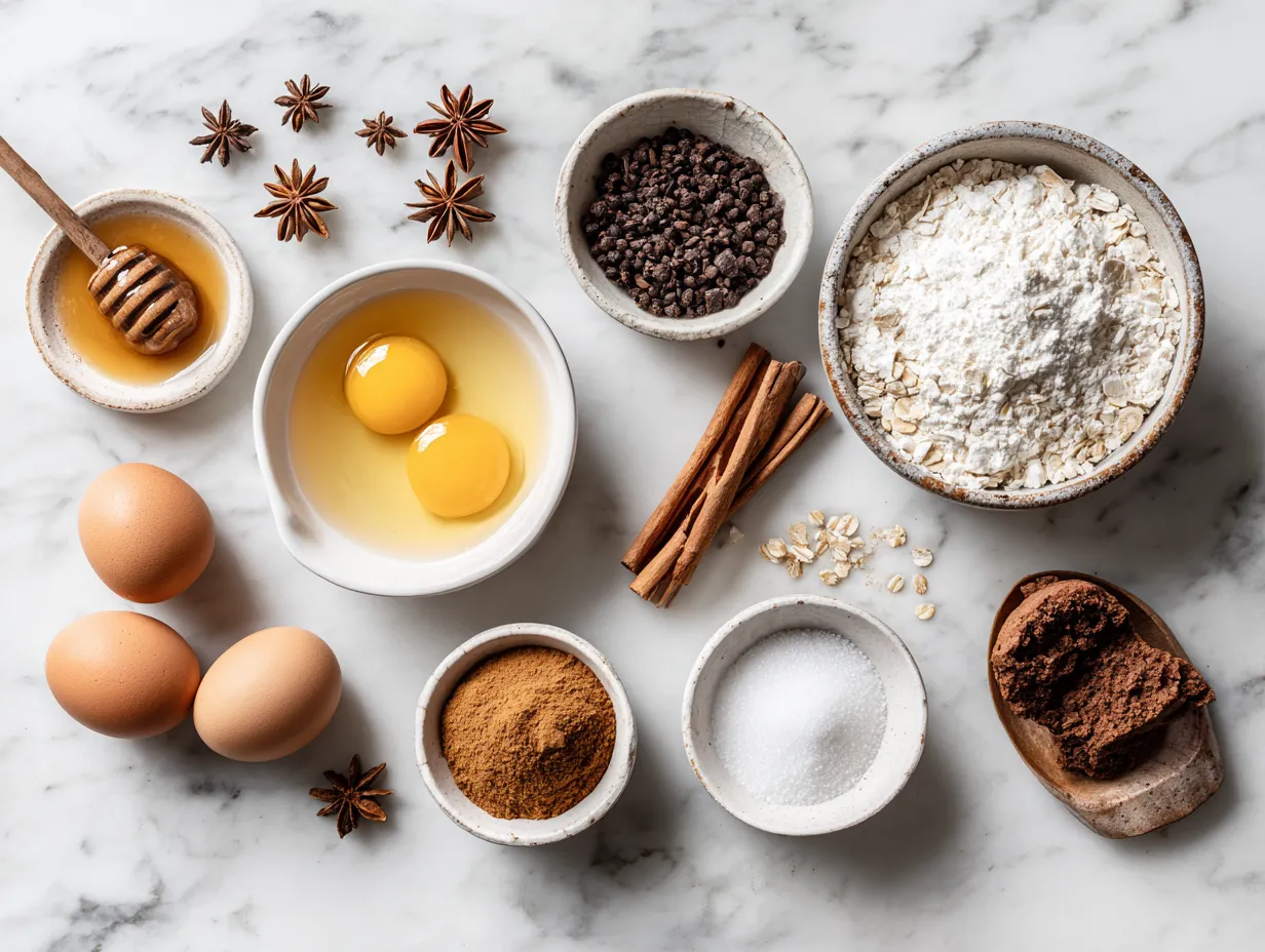 All the ingredients for Apple Cider Whoopie Pies, including flour, spices, butter, sugar, eggs, vanilla extract, apple cider, and buttermilk, neatly arranged on a kitchen counter.