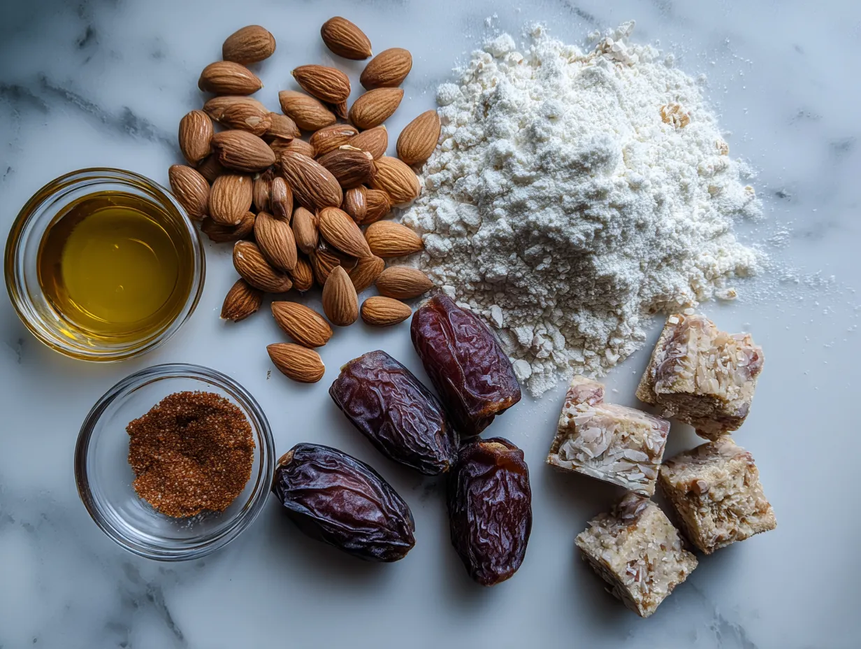 Ingredients for Almond Medjool Date Tart: almonds, Medjool dates, almond butter, almond milk, vanilla extract, and sea salt.