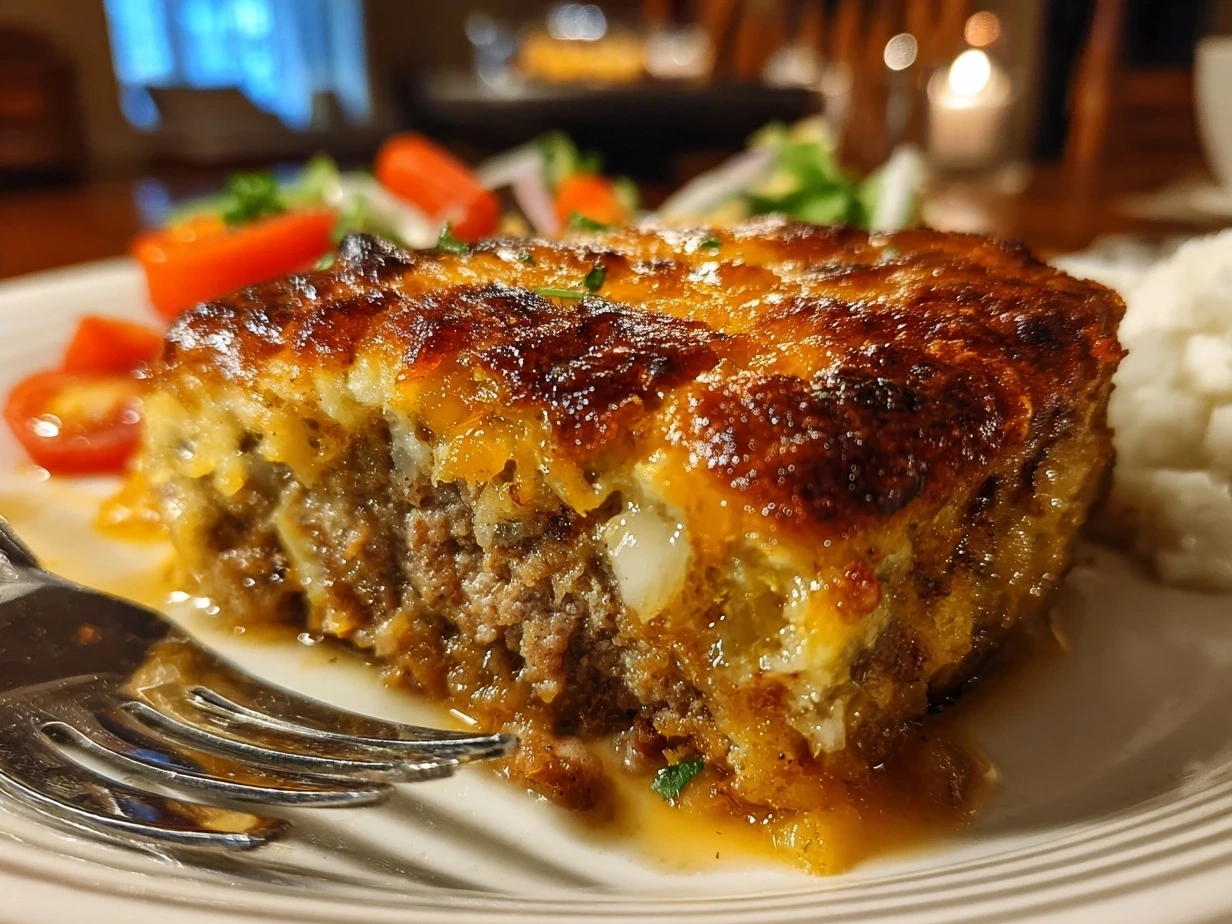 Finished Amish Hamburger Steak Bake with melted cheese and parsley garnish