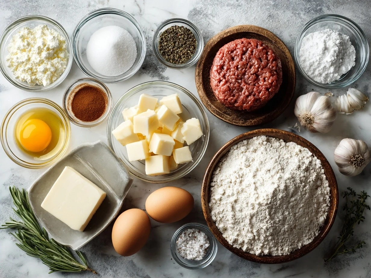 Ingredients for Amish Hamburger Steak Bake including ground beef, potatoes, cream of mushroom soup, and cheese